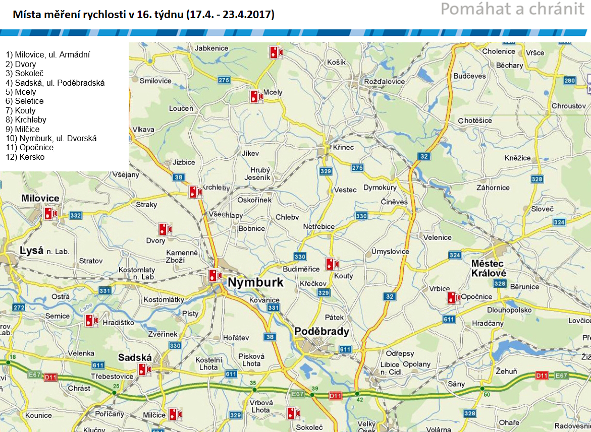 Mapa míst měření rychlosti na 16. týden